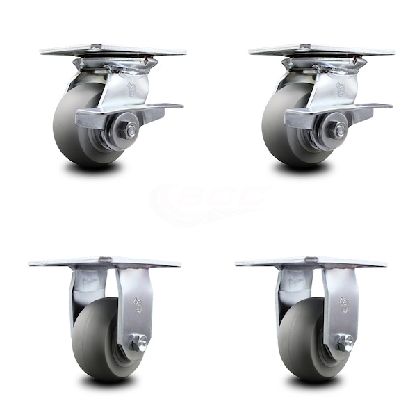 4 Inch Thermoplastic Caster Set with Ball Bearing 2 Brakes and 2 Rigid SCC